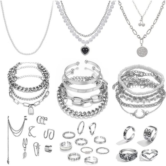 New 36 PCS Silver Plated Jewelry Set with 3 PCS Necklace, 12 PCS Bracele… - Picture 1 of 8